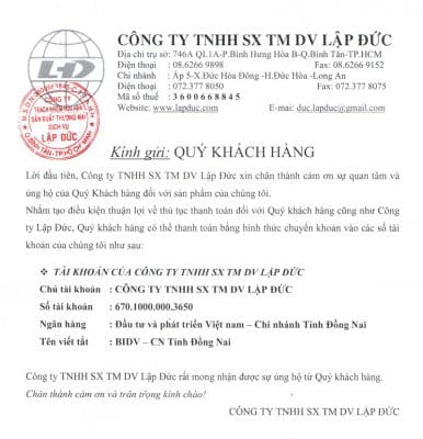 Thông tin ngân hàng - Xe nâng Lập Đức