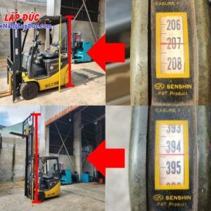 Xe nâng Komatsu FB13ML-12 #826962-9 có chiều cao cơ bản là 207cm và chiều cao tối đa là 395cm